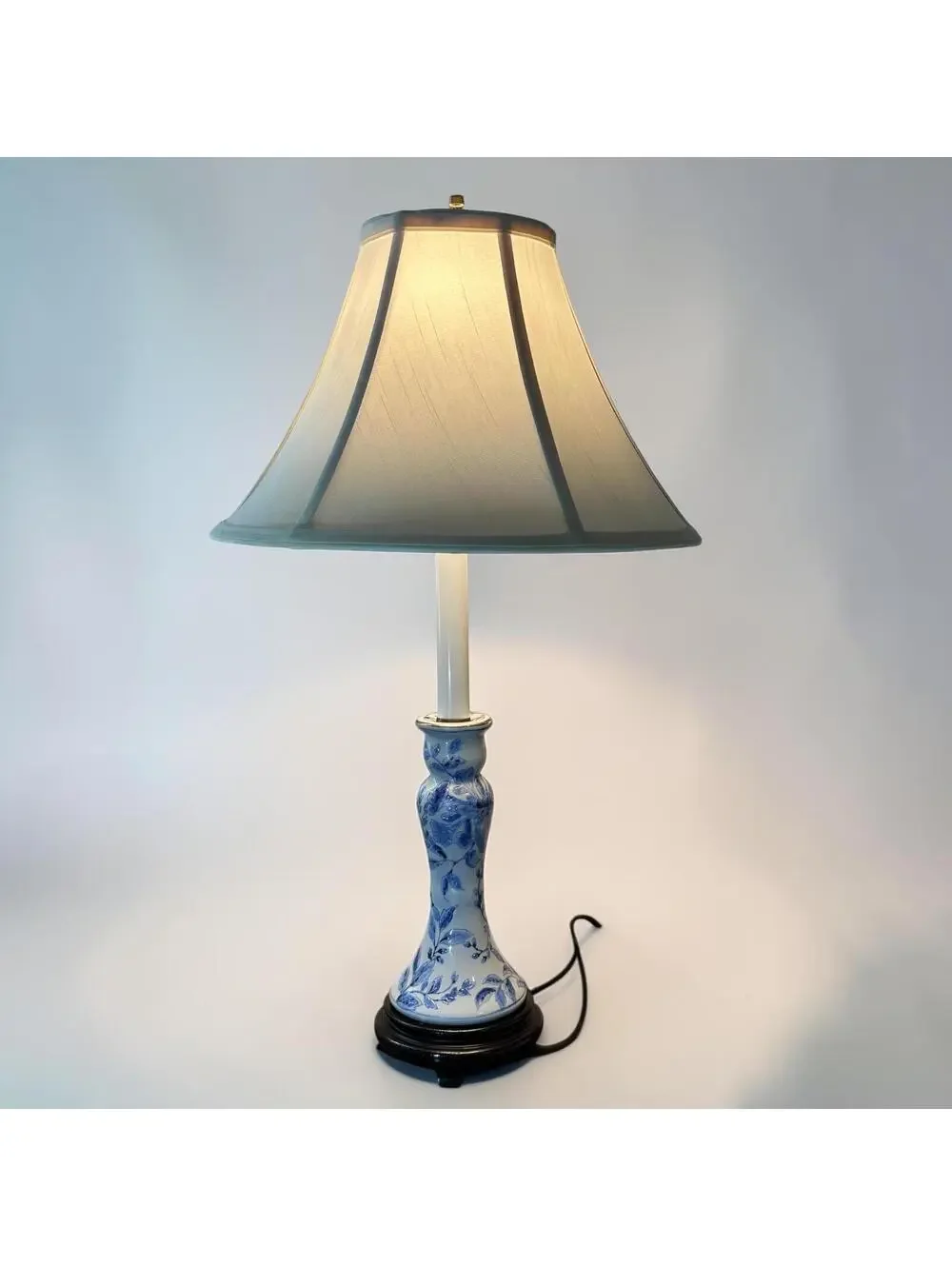 Chinoiserie Porcelain Blue White Candlestick Table Lamp Botanical Floral Decor